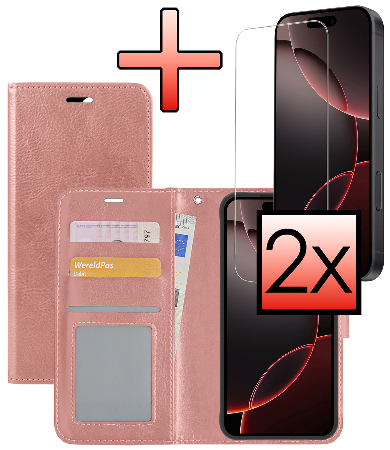 NoXx Hoes Geschikt voor iPhone 16 Pro Hoesje Book Case Hoes Flip Cover Wallet Bookcase Met 2x Screenprotector - Rosé goud