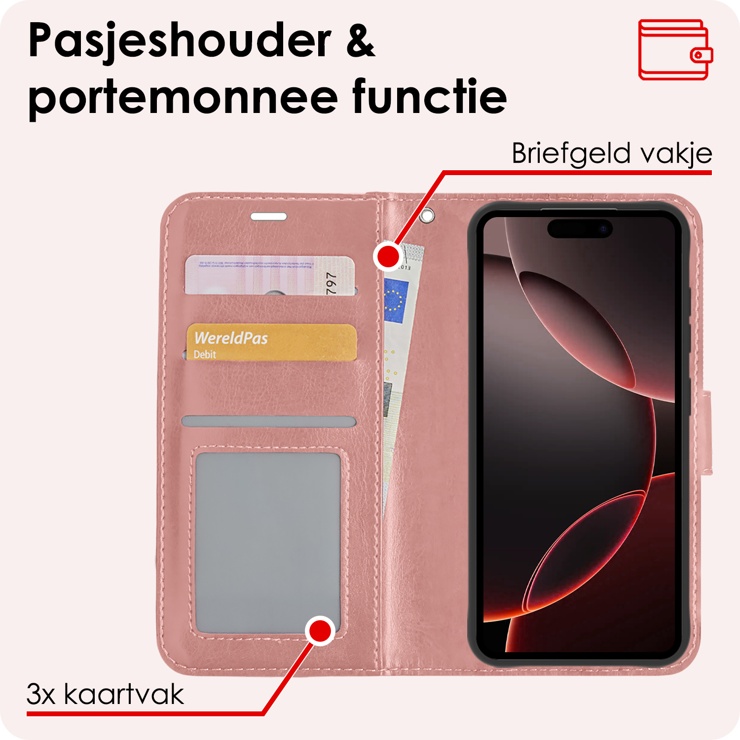 NoXx Hoes Geschikt voor iPhone 16 Pro Hoesje Book Case Hoes Flip Cover Wallet Bookcase Met 2x Screenprotector - Rosé goud