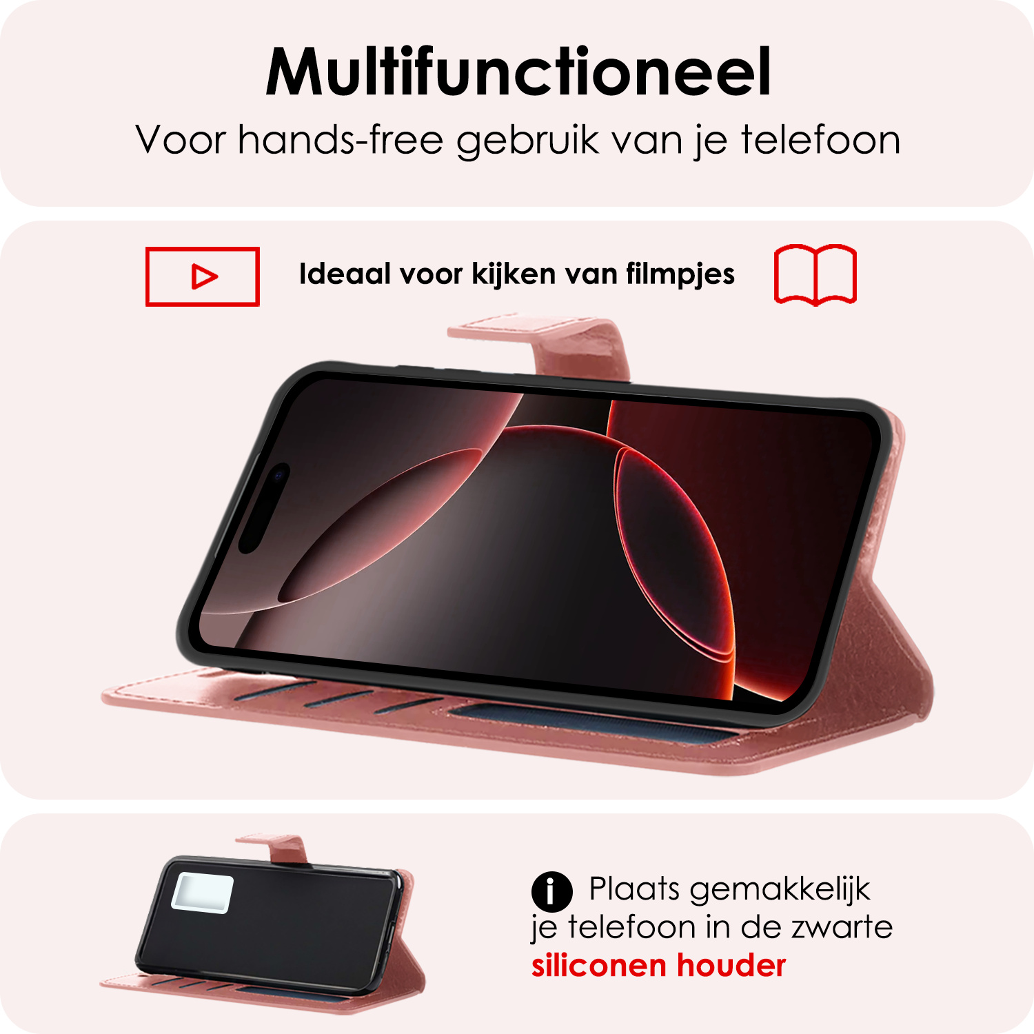 NoXx Hoes Geschikt voor iPhone 16 Pro Hoesje Book Case Hoes Flip Cover Wallet Bookcase Met 2x Screenprotector - Rosé goud