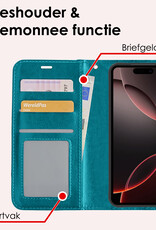 NoXx Hoes Geschikt voor iPhone 16 Pro Hoesje Book Case Hoes Flip Cover Wallet Bookcase Met 2x Screenprotector - Turquoise