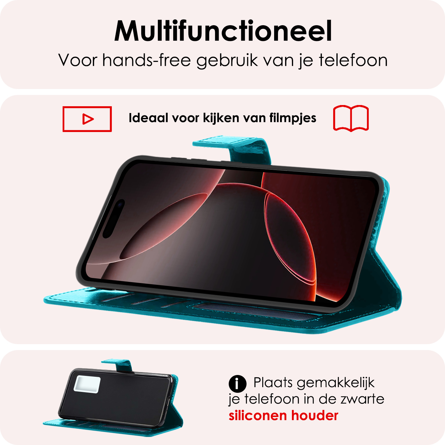 NoXx Hoes Geschikt voor iPhone 16 Pro Hoesje Book Case Hoes Flip Cover Wallet Bookcase Met 2x Screenprotector - Turquoise