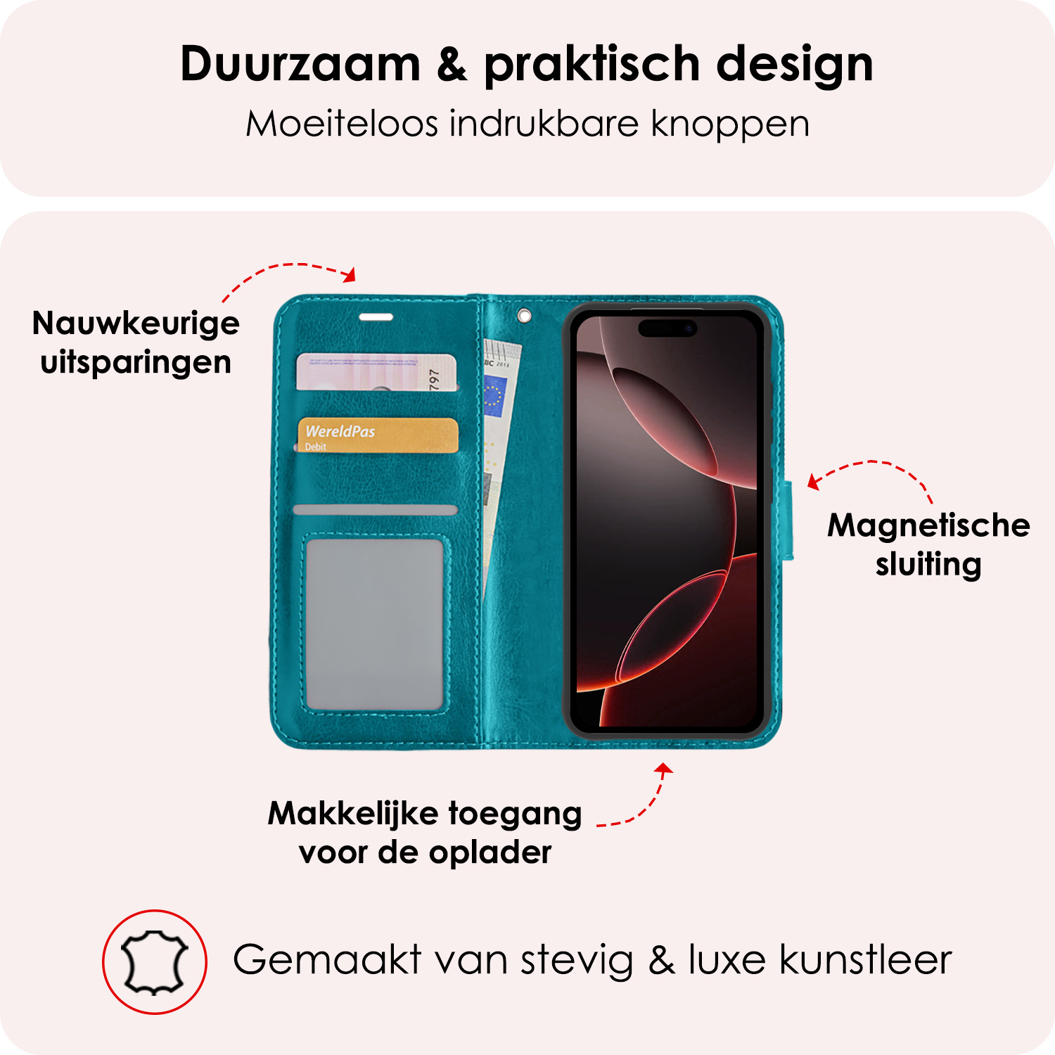 NoXx Hoes Geschikt voor iPhone 16 Pro Hoesje Book Case Hoes Flip Cover Wallet Bookcase Met 2x Screenprotector - Turquoise