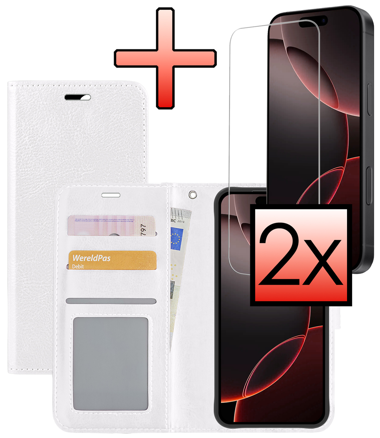 NoXx Hoes Geschikt voor iPhone 16 Pro Hoesje Book Case Hoes Flip Cover Wallet Bookcase Met 2x Screenprotector - Wit