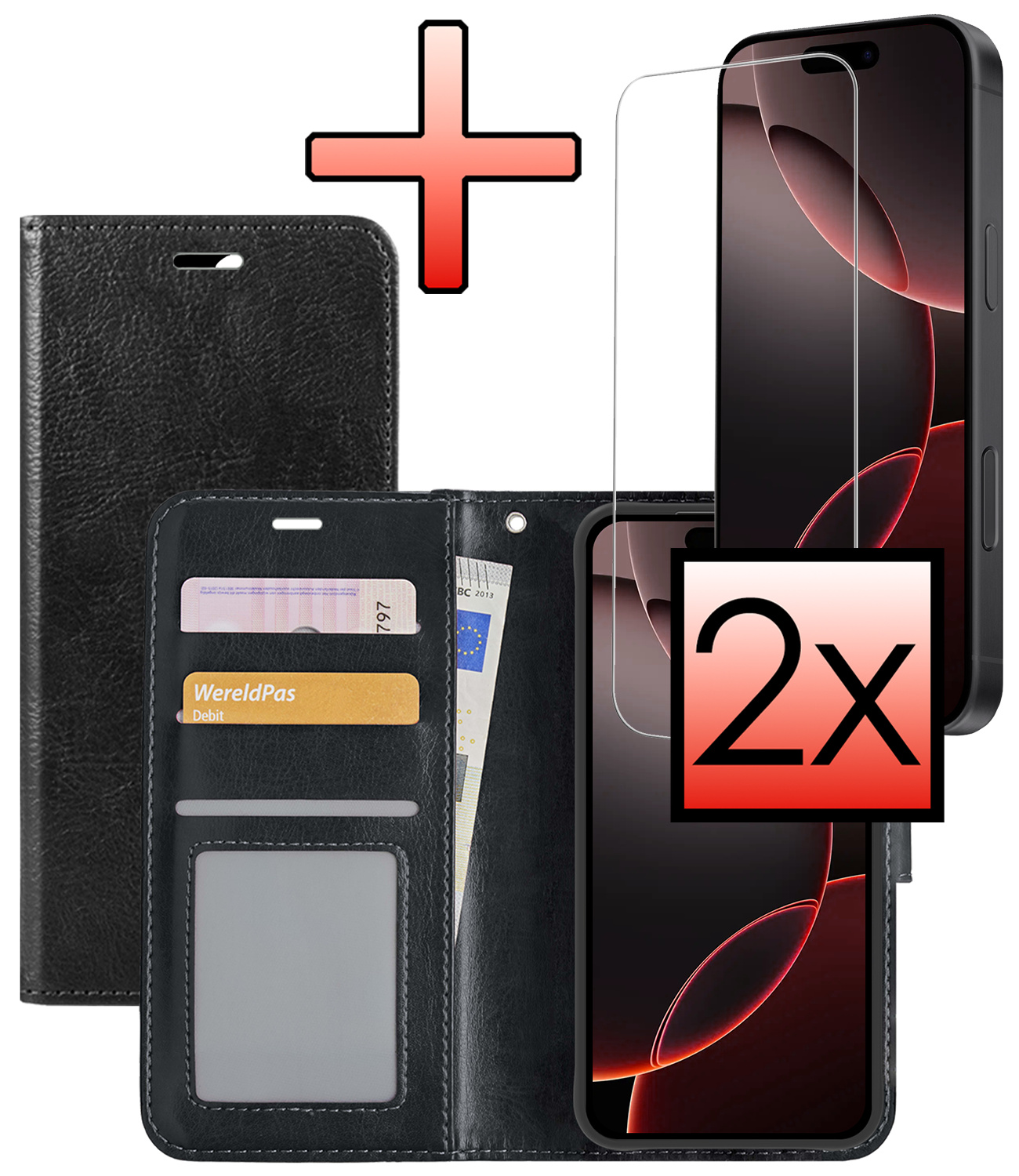 NoXx Hoes Geschikt voor iPhone 16 Pro Hoesje Book Case Hoes Flip Cover Wallet Bookcase Met 2x Screenprotector - Zwart