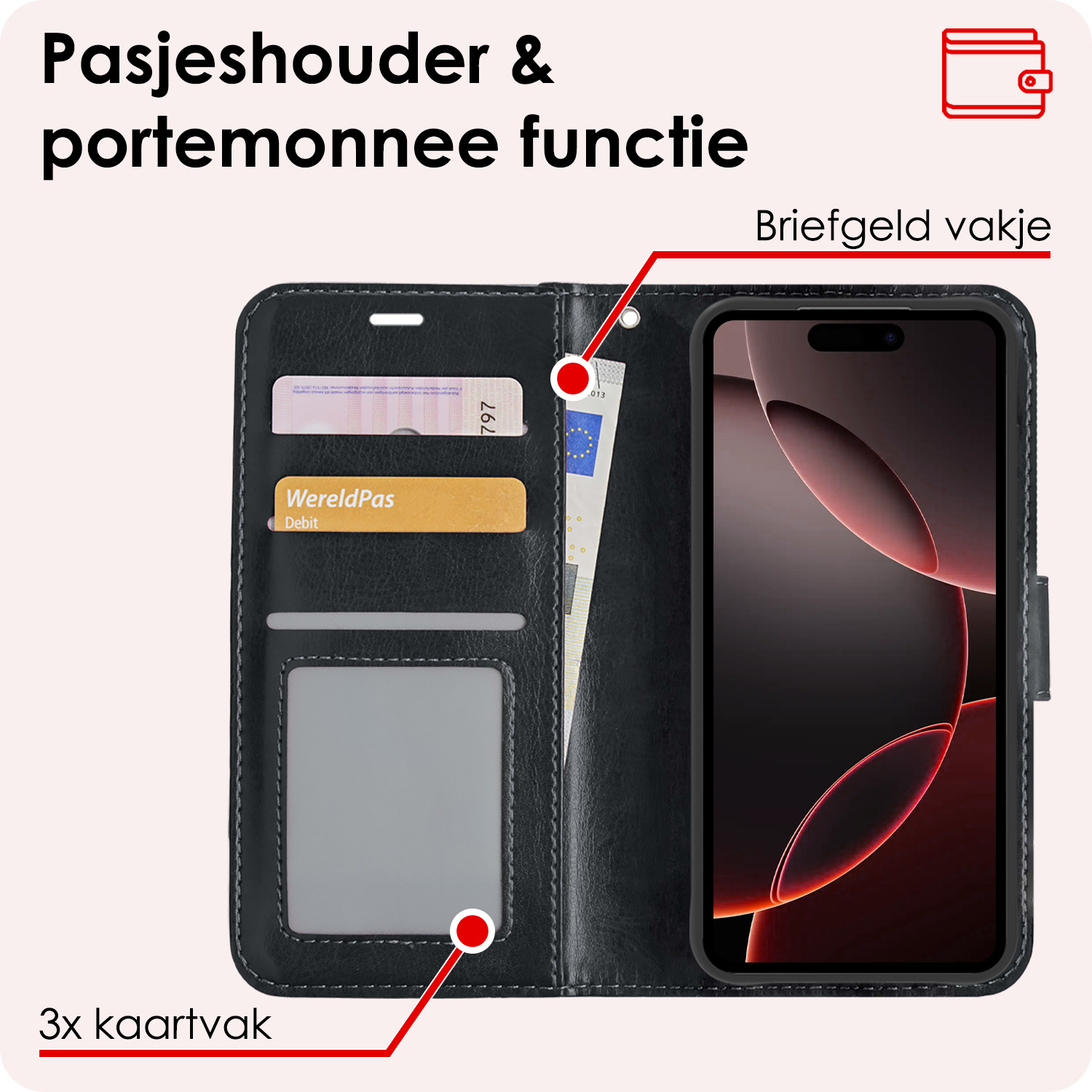 NoXx Hoes Geschikt voor iPhone 16 Pro Hoesje Book Case Hoes Flip Cover Wallet Bookcase Met 2x Screenprotector - Zwart