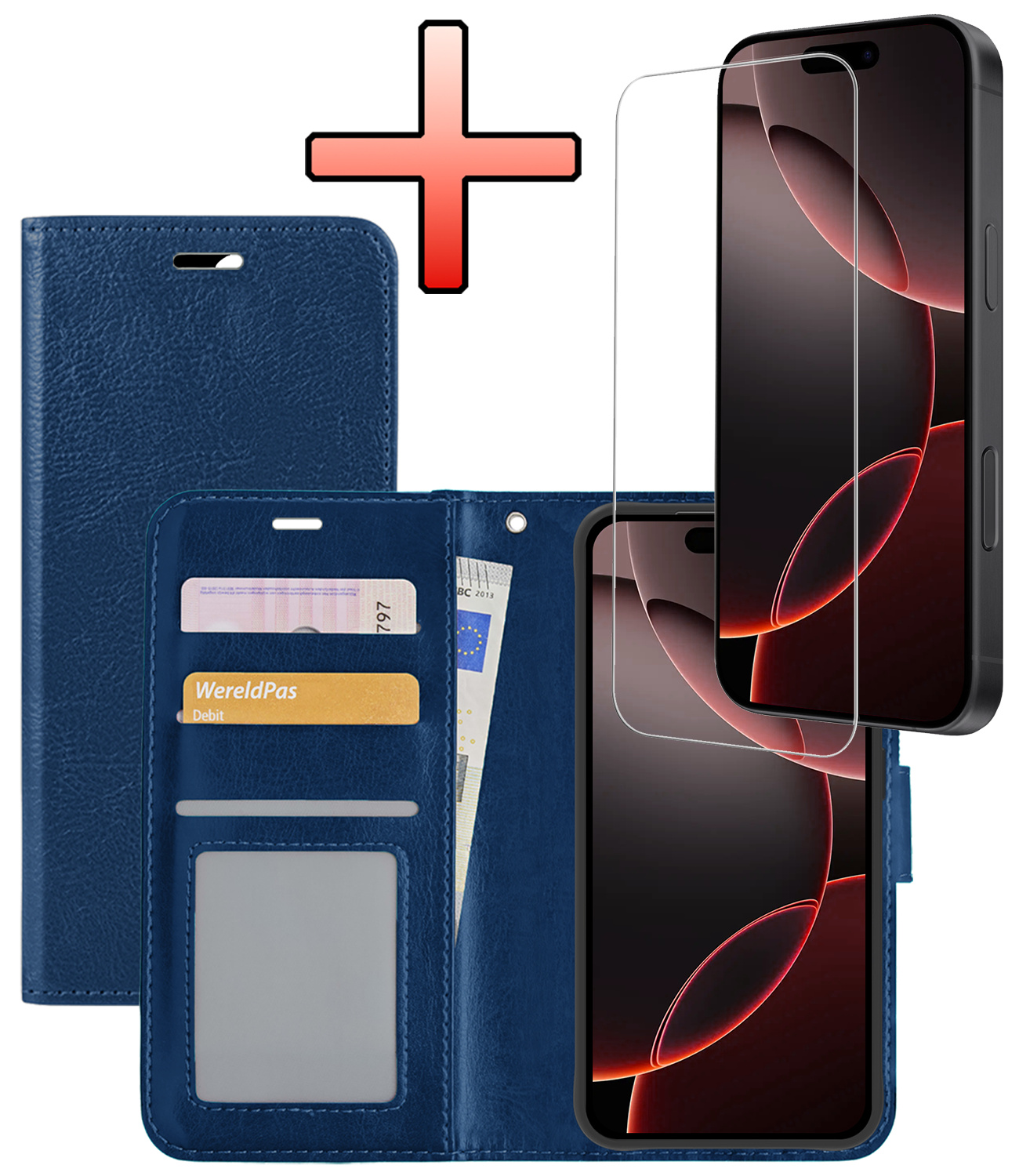 NoXx Hoes Geschikt voor iPhone 16 Pro Max Hoesje Book Case Hoes Flip Cover Wallet Bookcase Met Screenprotector - Donkerblauw