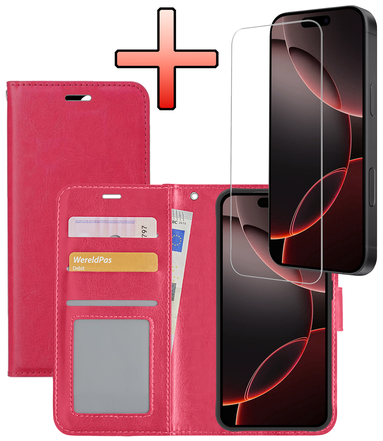 NoXx Hoes Geschikt voor iPhone 16 Pro Max Hoesje Book Case Hoes Flip Cover Wallet Bookcase Met Screenprotector - Donkerroze