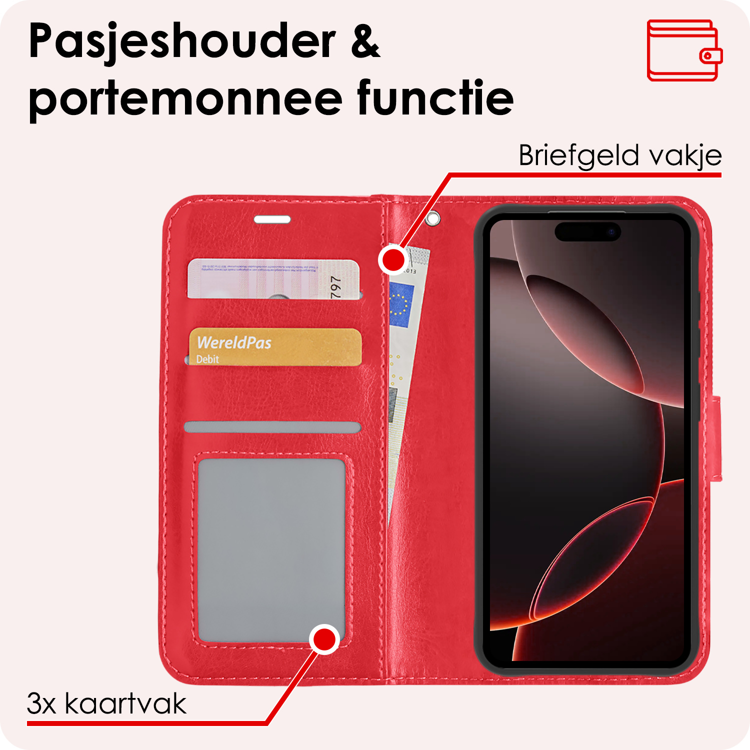 NoXx Hoes Geschikt voor iPhone 16 Pro Max Hoesje Book Case Hoes Flip Cover Wallet Bookcase Met Screenprotector - Rood