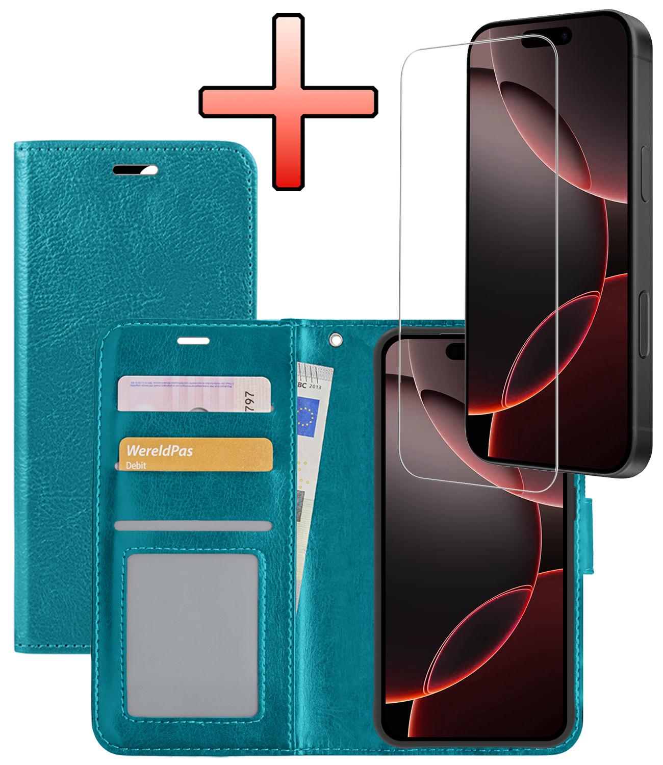 NoXx Hoes Geschikt voor iPhone 16 Pro Max Hoesje Book Case Hoes Flip Cover Wallet Bookcase Met Screenprotector - Turquoise