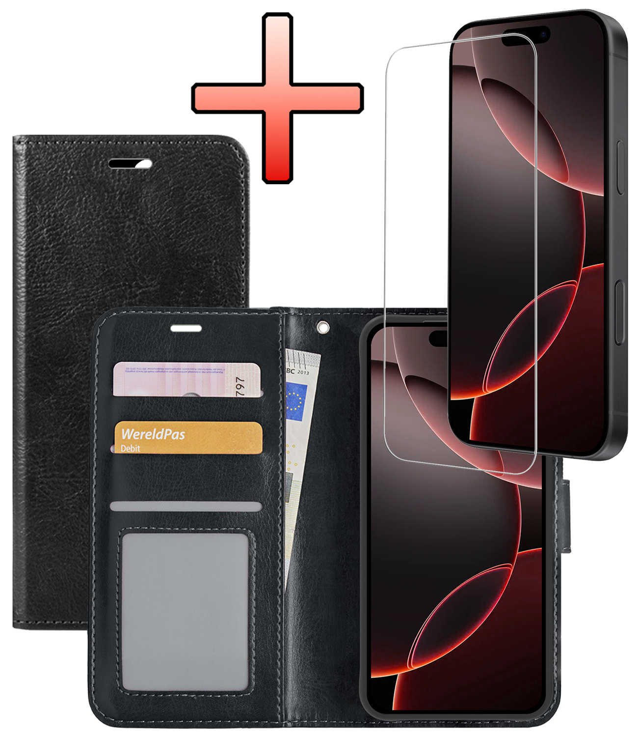 NoXx Hoes Geschikt voor iPhone 16 Pro Max Hoesje Book Case Hoes Flip Cover Wallet Bookcase Met Screenprotector - Zwart