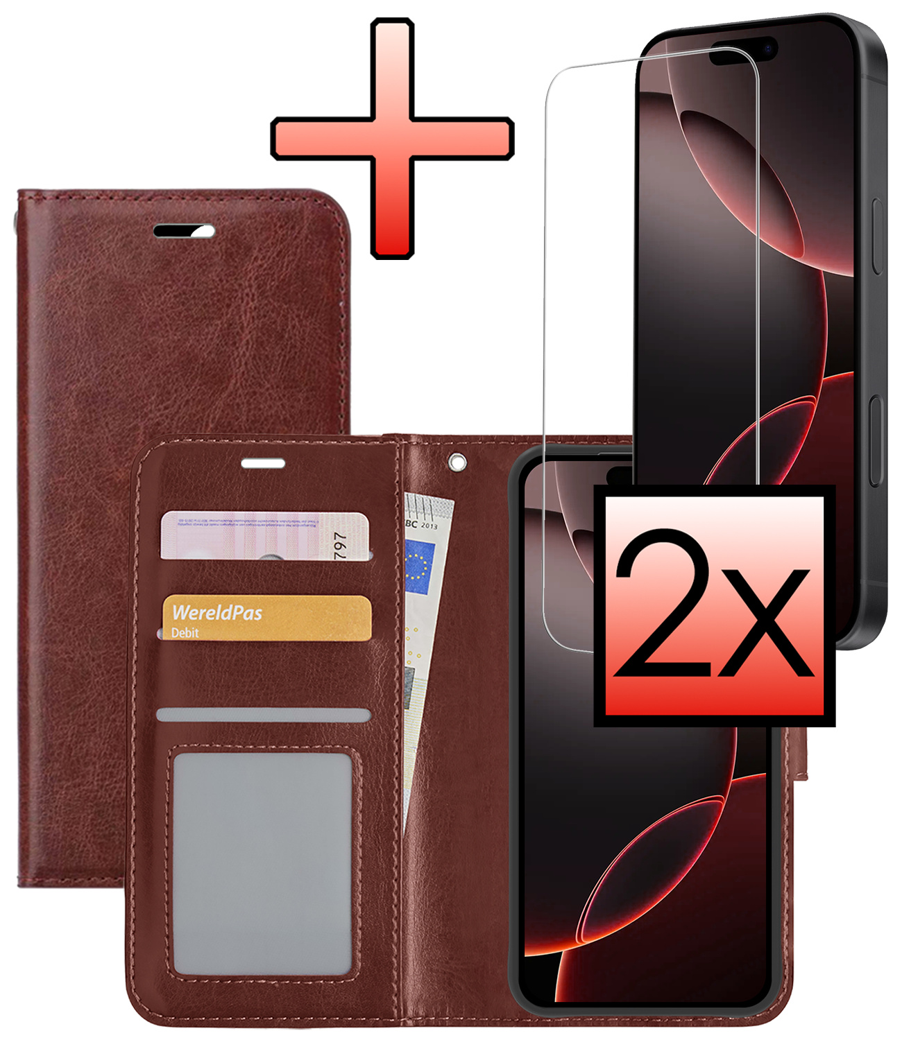 NoXx Hoes Geschikt voor iPhone 16 Pro Max Hoesje Book Case Hoes Flip Cover Wallet Bookcase Met 2x Screenprotector - Bruin