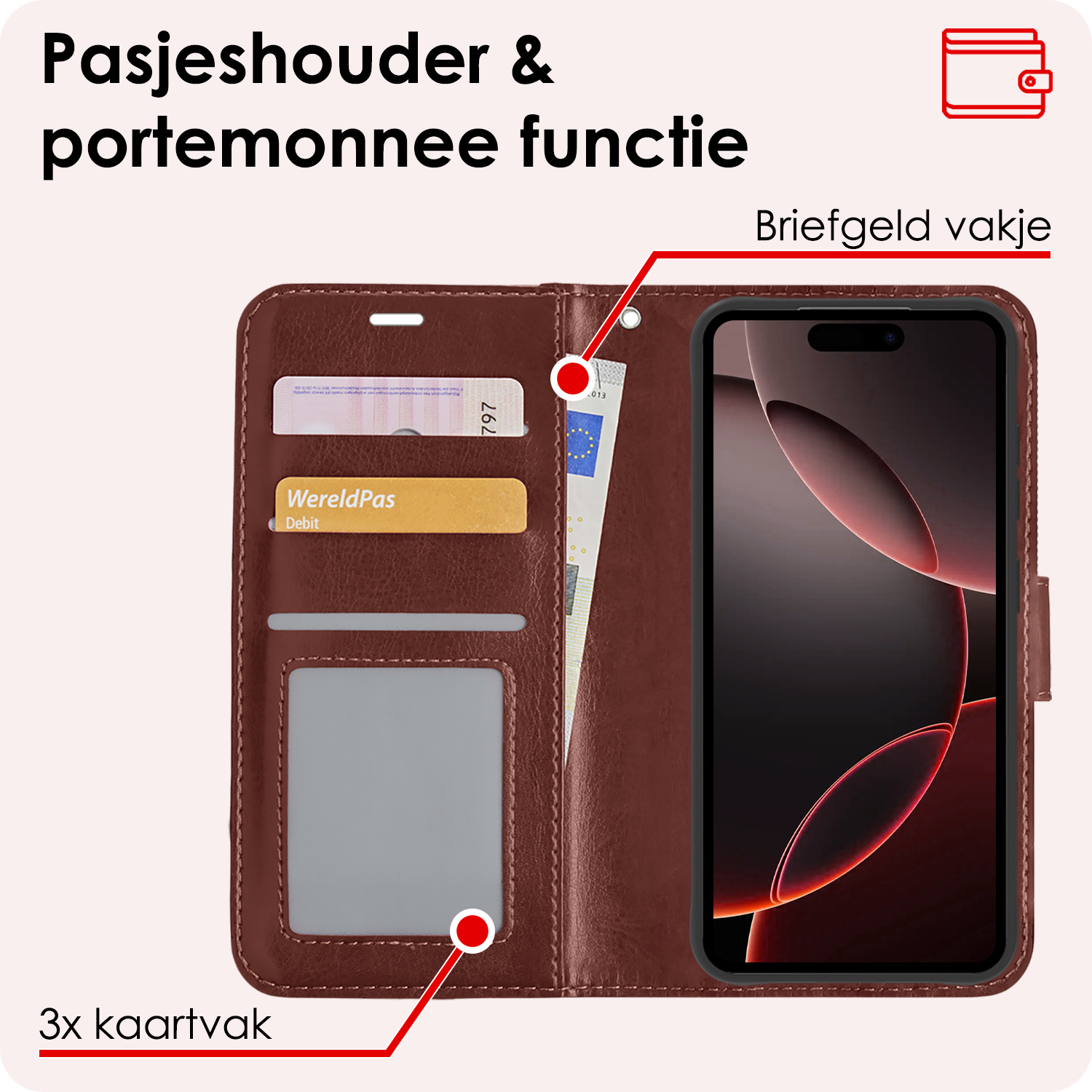 NoXx Hoes Geschikt voor iPhone 16 Pro Max Hoesje Book Case Hoes Flip Cover Wallet Bookcase Met 2x Screenprotector - Bruin