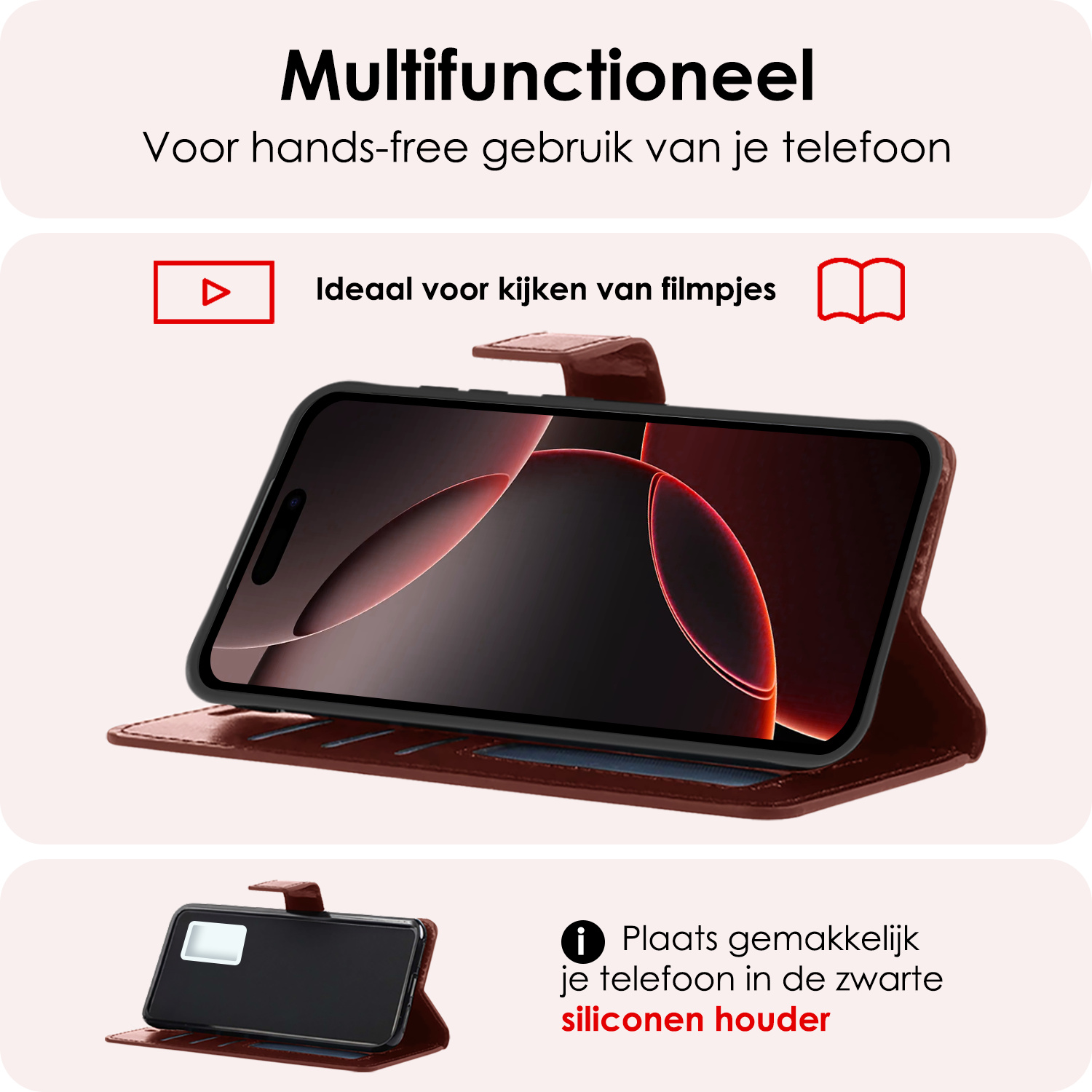 NoXx Hoes Geschikt voor iPhone 16 Pro Max Hoesje Book Case Hoes Flip Cover Wallet Bookcase Met 2x Screenprotector - Bruin