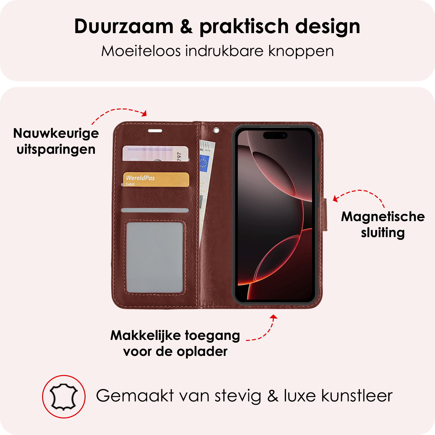 NoXx Hoes Geschikt voor iPhone 16 Pro Max Hoesje Book Case Hoes Flip Cover Wallet Bookcase Met 2x Screenprotector - Bruin