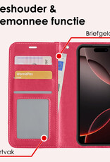 NoXx Hoes Geschikt voor iPhone 16 Pro Max Hoesje Book Case Hoes Flip Cover Wallet Bookcase Met 2x Screenprotector - Donkerroze