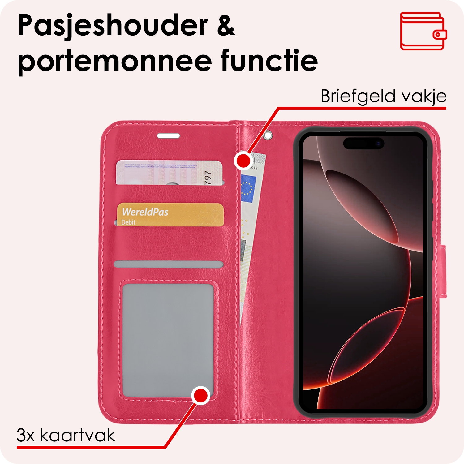 NoXx Hoes Geschikt voor iPhone 16 Pro Max Hoesje Book Case Hoes Flip Cover Wallet Bookcase Met 2x Screenprotector - Donkerroze