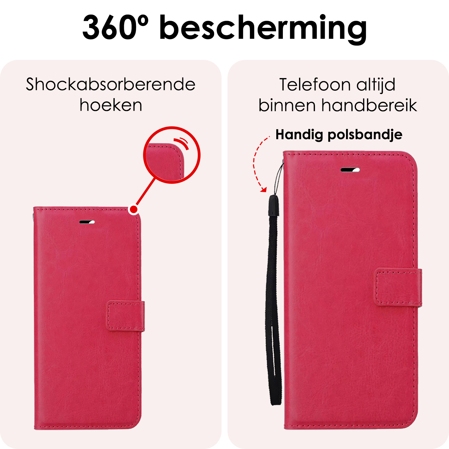 NoXx Hoes Geschikt voor iPhone 16 Pro Max Hoesje Book Case Hoes Flip Cover Wallet Bookcase Met 2x Screenprotector - Donkerroze