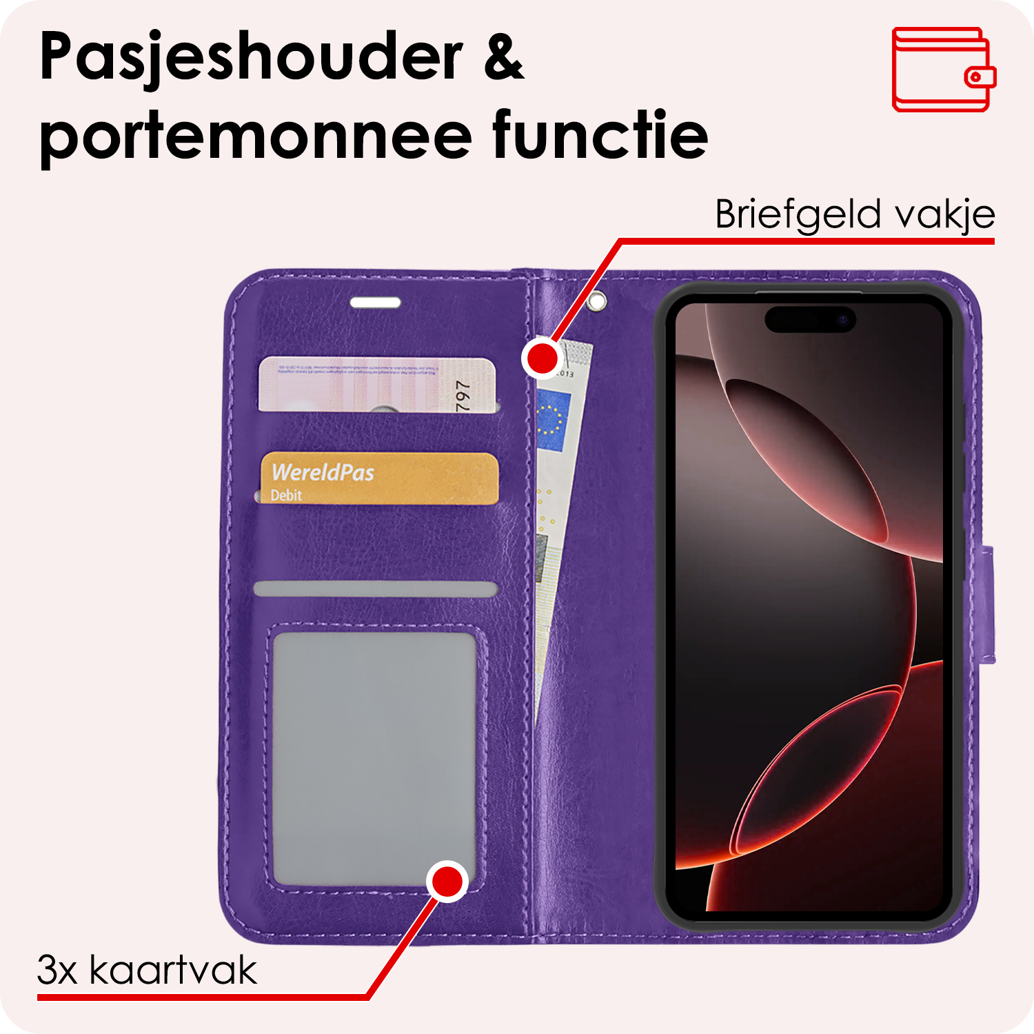 NoXx Hoes Geschikt voor iPhone 16 Pro Max Hoesje Book Case Hoes Flip Cover Wallet Bookcase Met 2x Screenprotector - Paars
