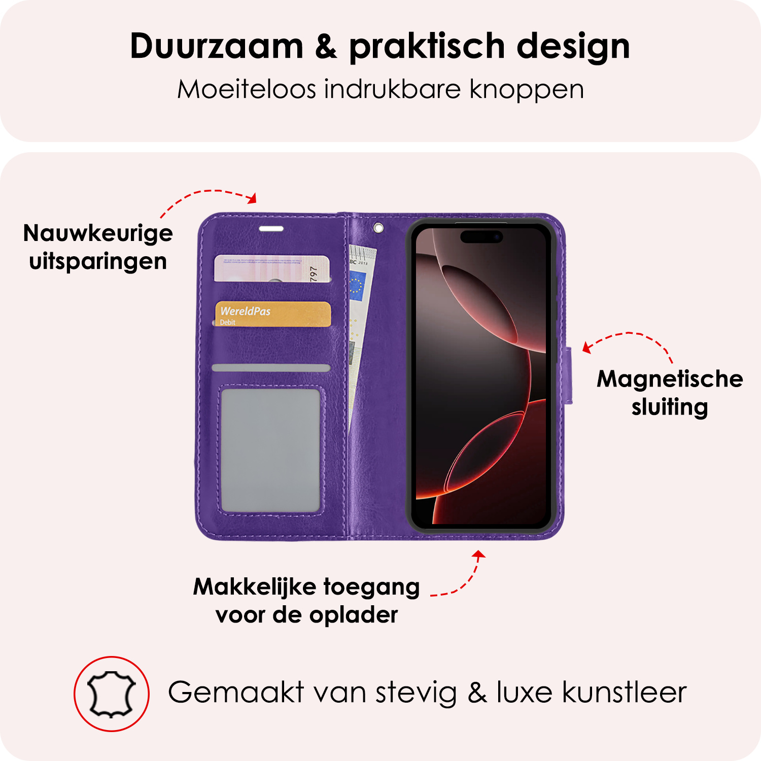 NoXx Hoes Geschikt voor iPhone 16 Pro Max Hoesje Book Case Hoes Flip Cover Wallet Bookcase Met 2x Screenprotector - Paars