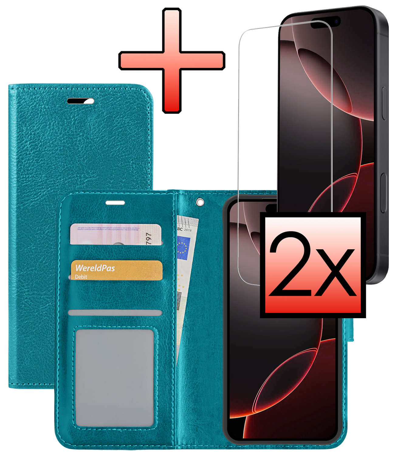 NoXx Hoes Geschikt voor iPhone 16 Pro Max Hoesje Book Case Hoes Flip Cover Wallet Bookcase Met 2x Screenprotector - Turquoise