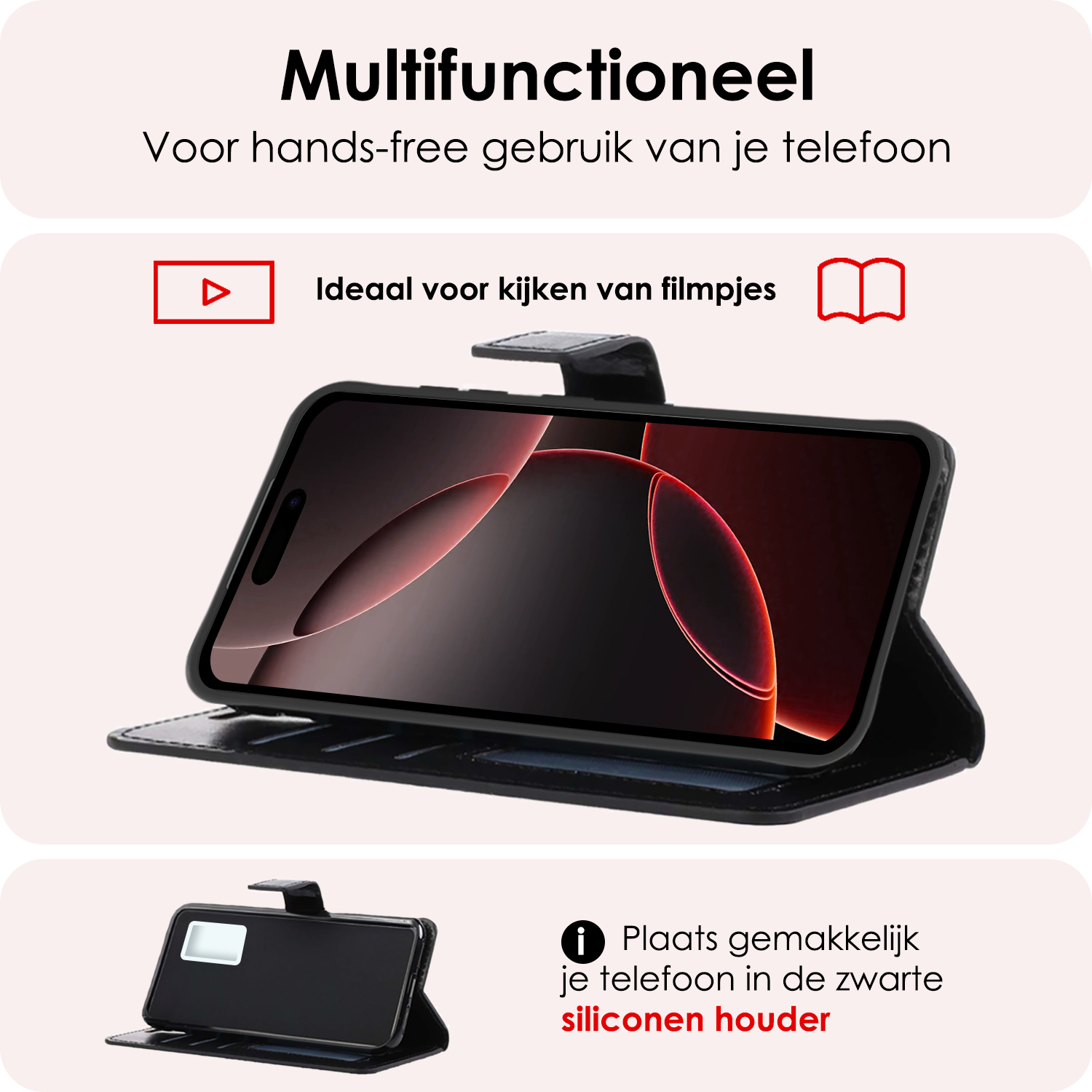 NoXx Hoes Geschikt voor iPhone 16 Pro Max Hoesje Book Case Hoes Flip Cover Wallet Bookcase Met 2x Screenprotector - Zwart