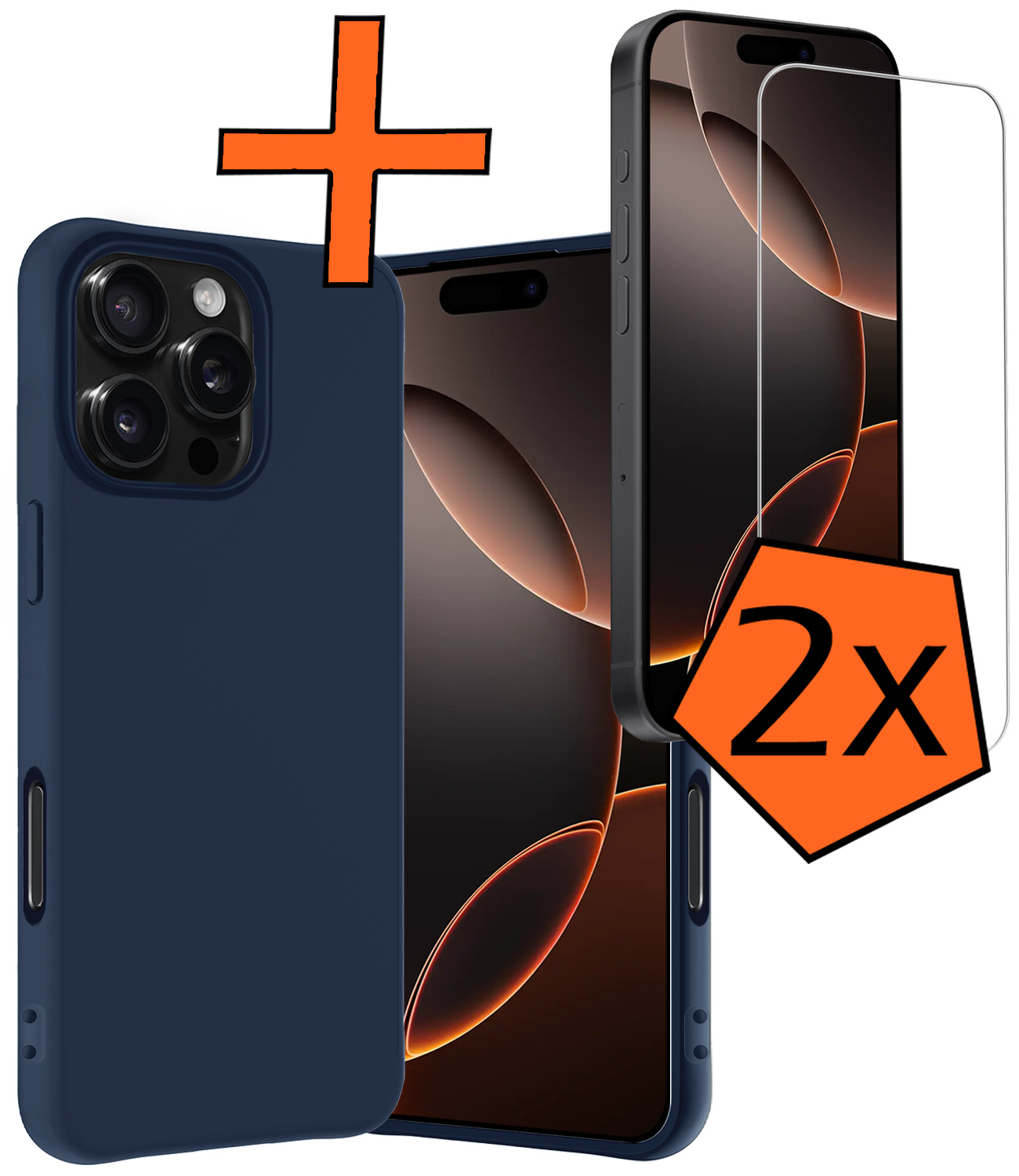 Nomfy Hoesje Geschikt voor iPhone 16 Pro Hoesje Siliconen Cover Case Met 2x Screenprotector - Hoes Geschikt voor iPhone 16 Pro Hoes Back Case - Donkerblauw