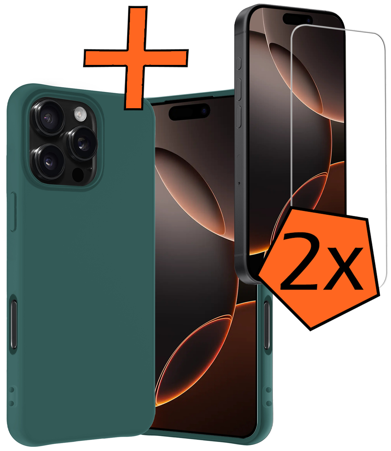 Nomfy Hoesje Geschikt voor iPhone 16 Pro Hoesje Siliconen Cover Case Met 2x Screenprotector - Hoes Geschikt voor iPhone 16 Pro Hoes Back Case - Donkergroen