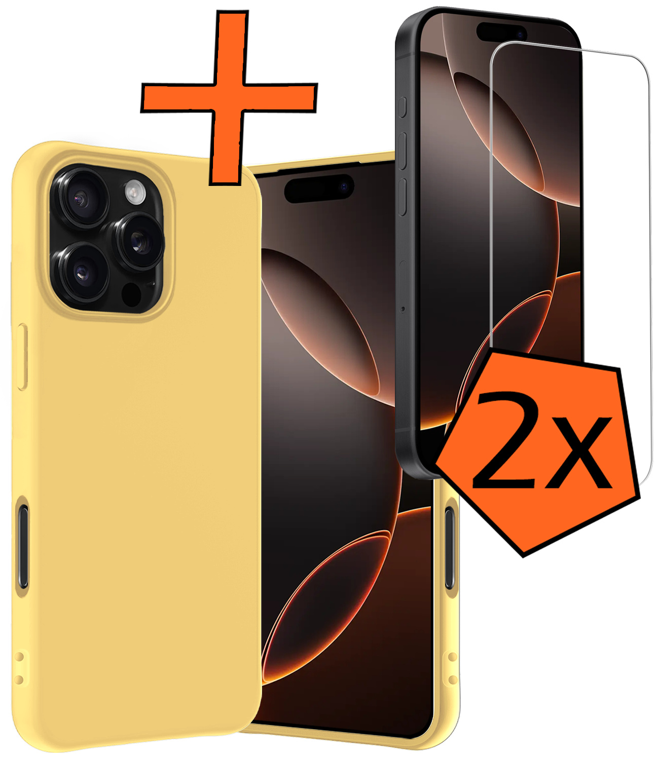 Nomfy Hoesje Geschikt voor iPhone 16 Pro Hoesje Siliconen Cover Case Met 2x Screenprotector - Hoes Geschikt voor iPhone 16 Pro Hoes Back Case - Geel