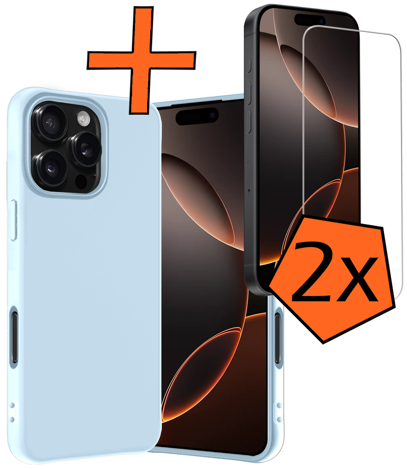 Nomfy Hoesje Geschikt voor iPhone 16 Pro Hoesje Siliconen Cover Case Met 2x Screenprotector - Hoes Geschikt voor iPhone 16 Pro Hoes Back Case - Lichtblauw