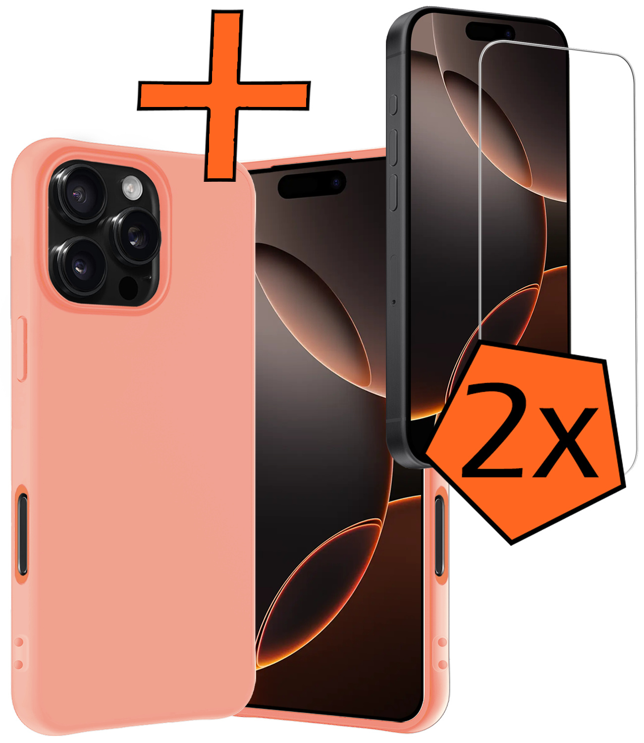 Nomfy Hoesje Geschikt voor iPhone 16 Pro Hoesje Siliconen Cover Case Met 2x Screenprotector - Hoes Geschikt voor iPhone 16 Pro Hoes Back Case - Perzik
