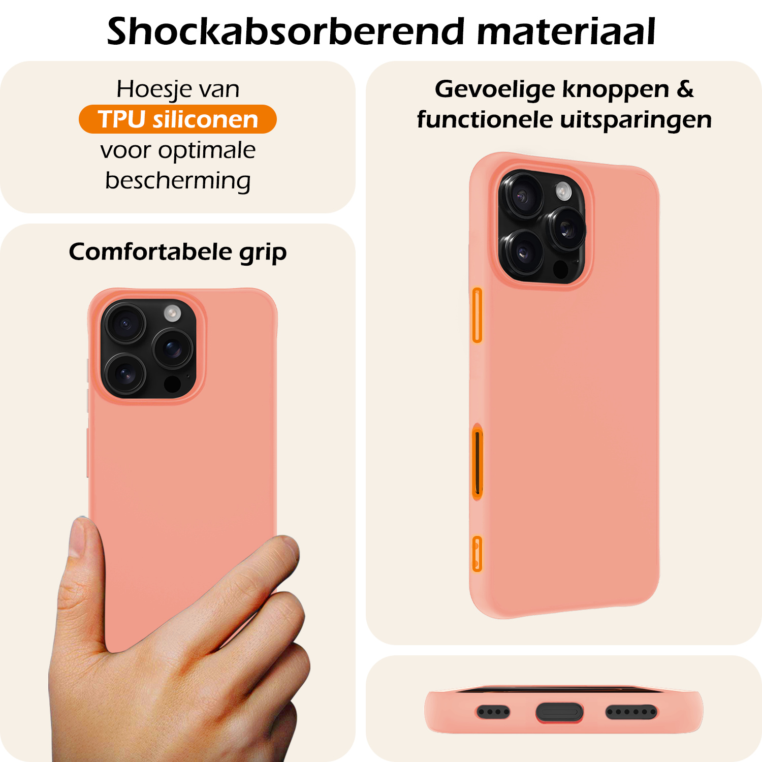 Nomfy Hoesje Geschikt voor iPhone 16 Pro Hoesje Siliconen Cover Case Met 2x Screenprotector - Hoes Geschikt voor iPhone 16 Pro Hoes Back Case - Perzik