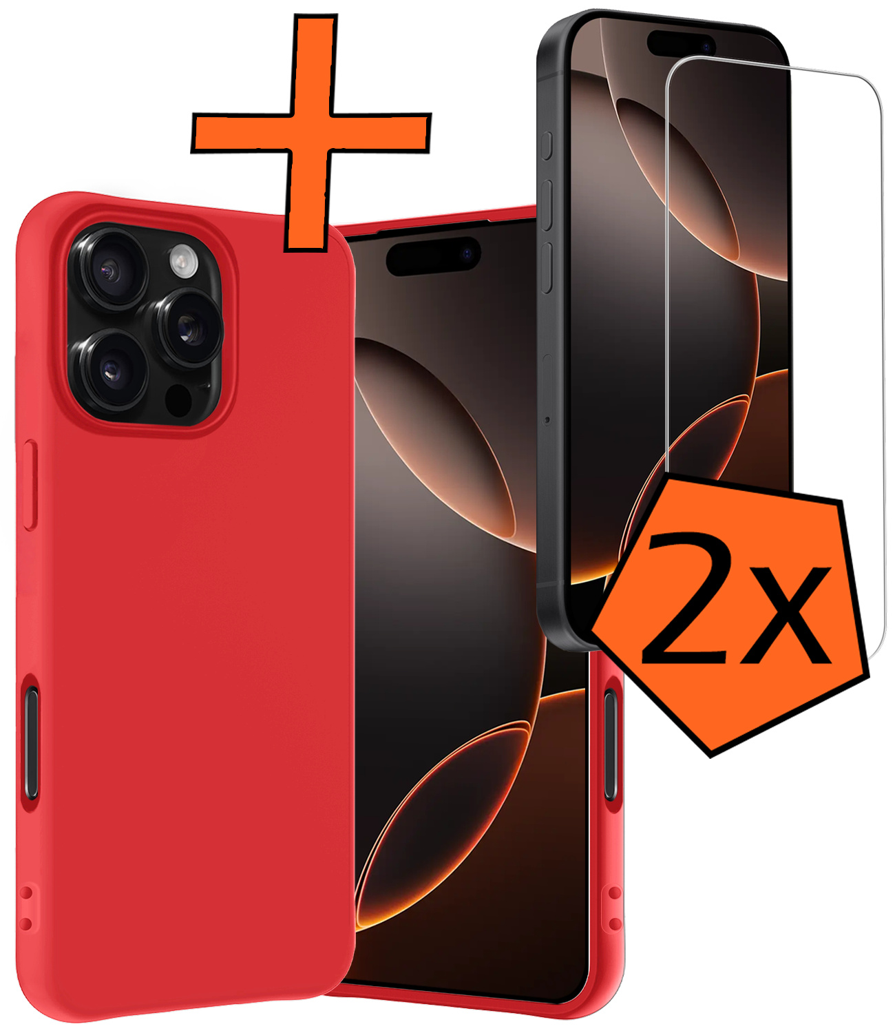 Nomfy Hoesje Geschikt voor iPhone 16 Pro Hoesje Siliconen Cover Case Met 2x Screenprotector - Hoes Geschikt voor iPhone 16 Pro Hoes Back Case - Rood