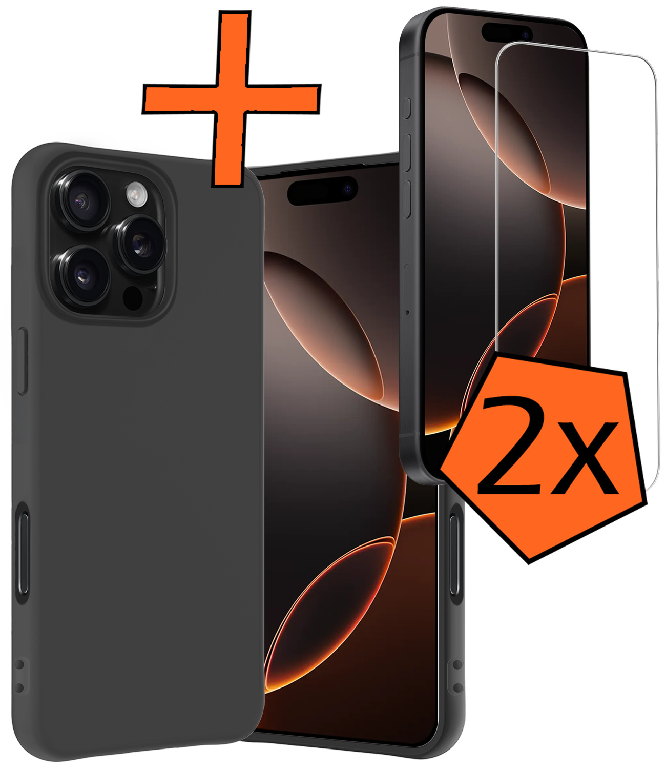 Nomfy Hoesje Geschikt voor iPhone 16 Pro Hoesje Siliconen Cover Case Met 2x Screenprotector - Hoes Geschikt voor iPhone 16 Pro Hoes Back Case - Zwart