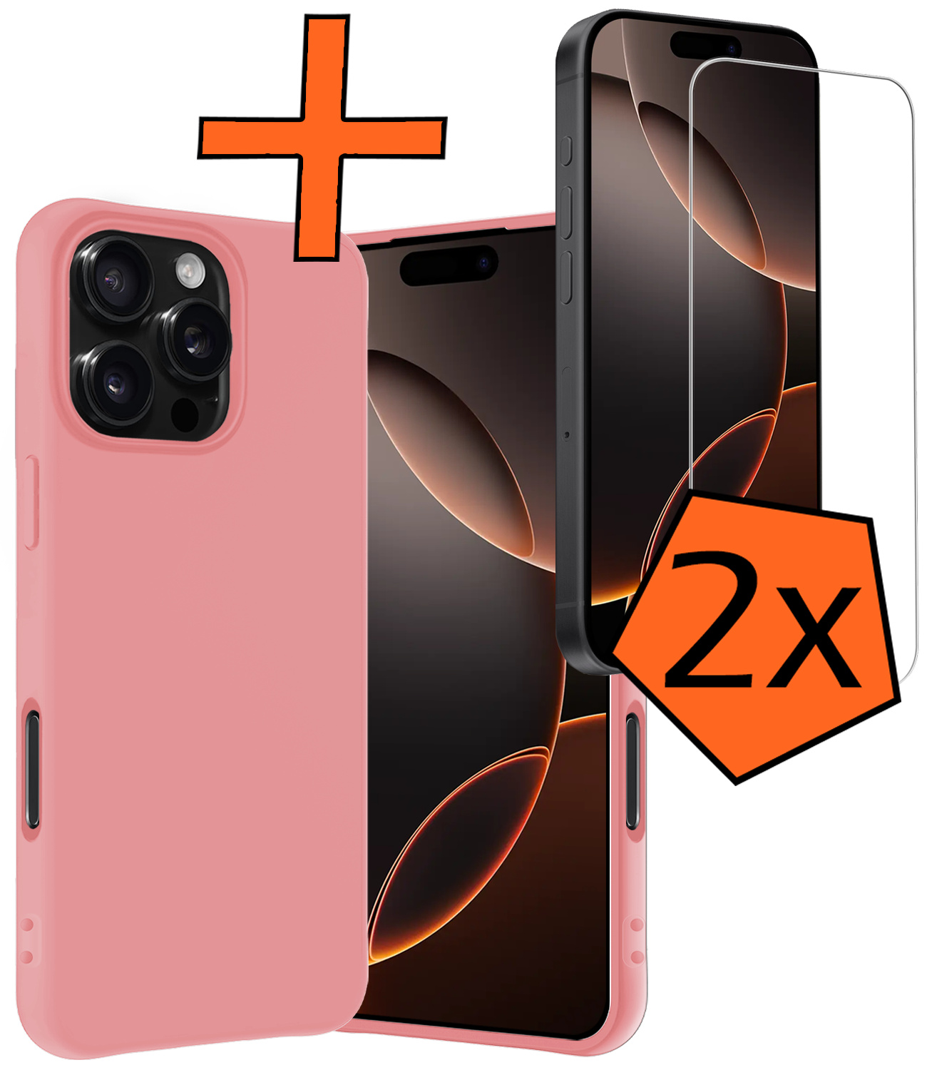 Nomfy Hoesje Geschikt voor iPhone 16 Pro Max Hoesje Siliconen Cover Case Met 2x Screenprotector - Hoes Geschikt voor iPhone 16 Pro Max Hoes Back Case - Lichtroze