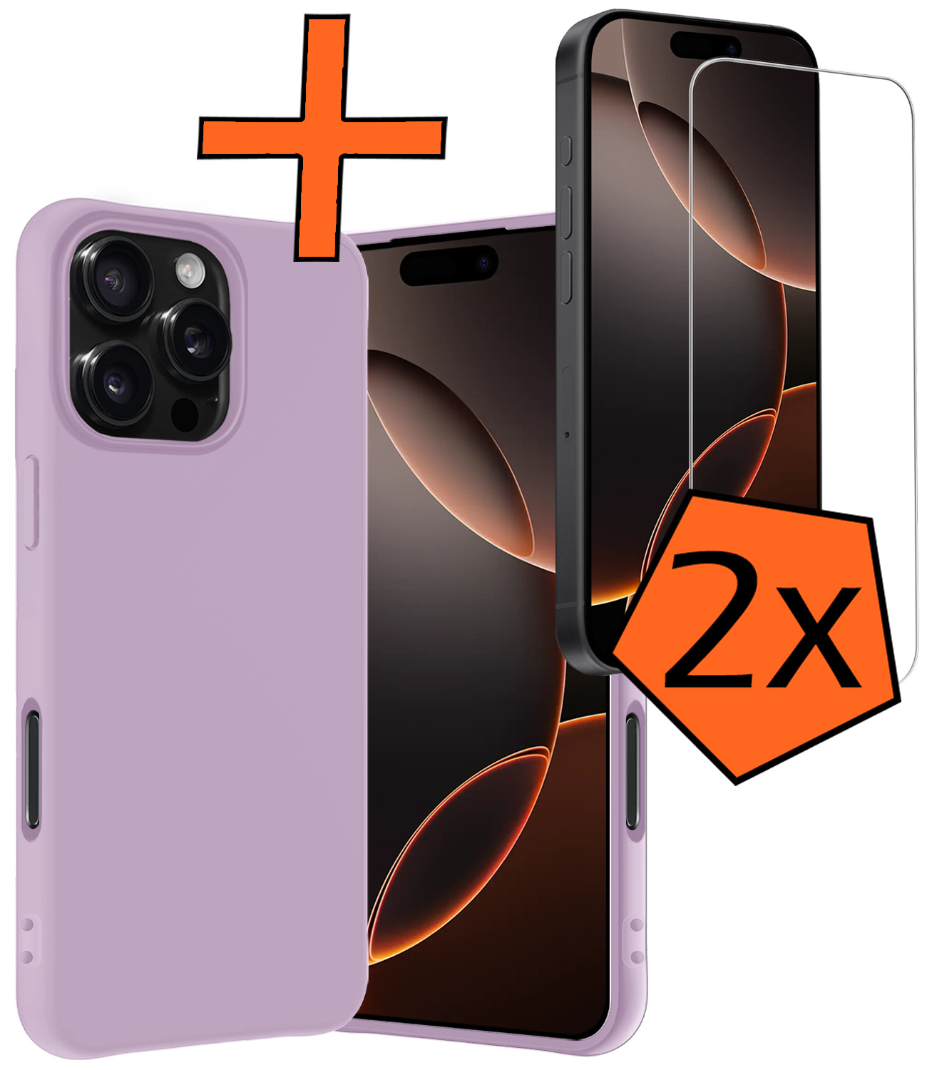 Nomfy Hoesje Geschikt voor iPhone 16 Pro Max Hoesje Siliconen Cover Case Met 2x Screenprotector - Hoes Geschikt voor iPhone 16 Pro Max Hoes Back Case - Lila