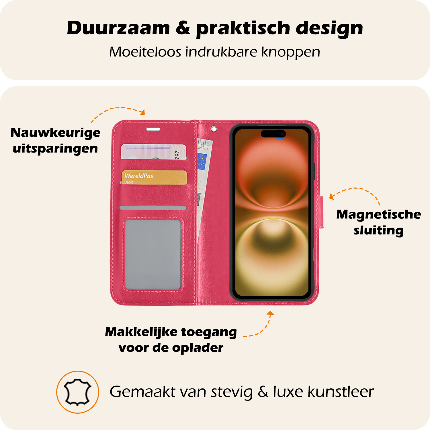 Nomfy Hoesje Geschikt voor iPhone 16 Hoes Bookcase Flipcase Book Cover - Hoes Geschikt voor iPhone 16 Hoesje Book Case - Donkerroze