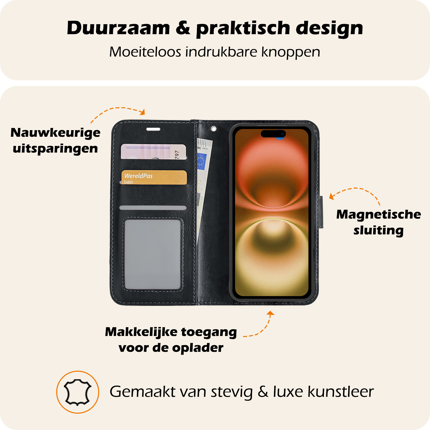 Nomfy Hoesje Geschikt voor iPhone 16 Hoes Bookcase Flipcase Book Cover - Hoes Geschikt voor iPhone 16 Hoesje Book Case - Zwart