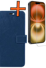 Nomfy Hoesje Geschikt voor iPhone 16 Hoes Bookcase Flipcase Book Cover Met Screenprotector - Hoes Geschikt voor iPhone 16 Hoesje Book Case - Donkerblauw