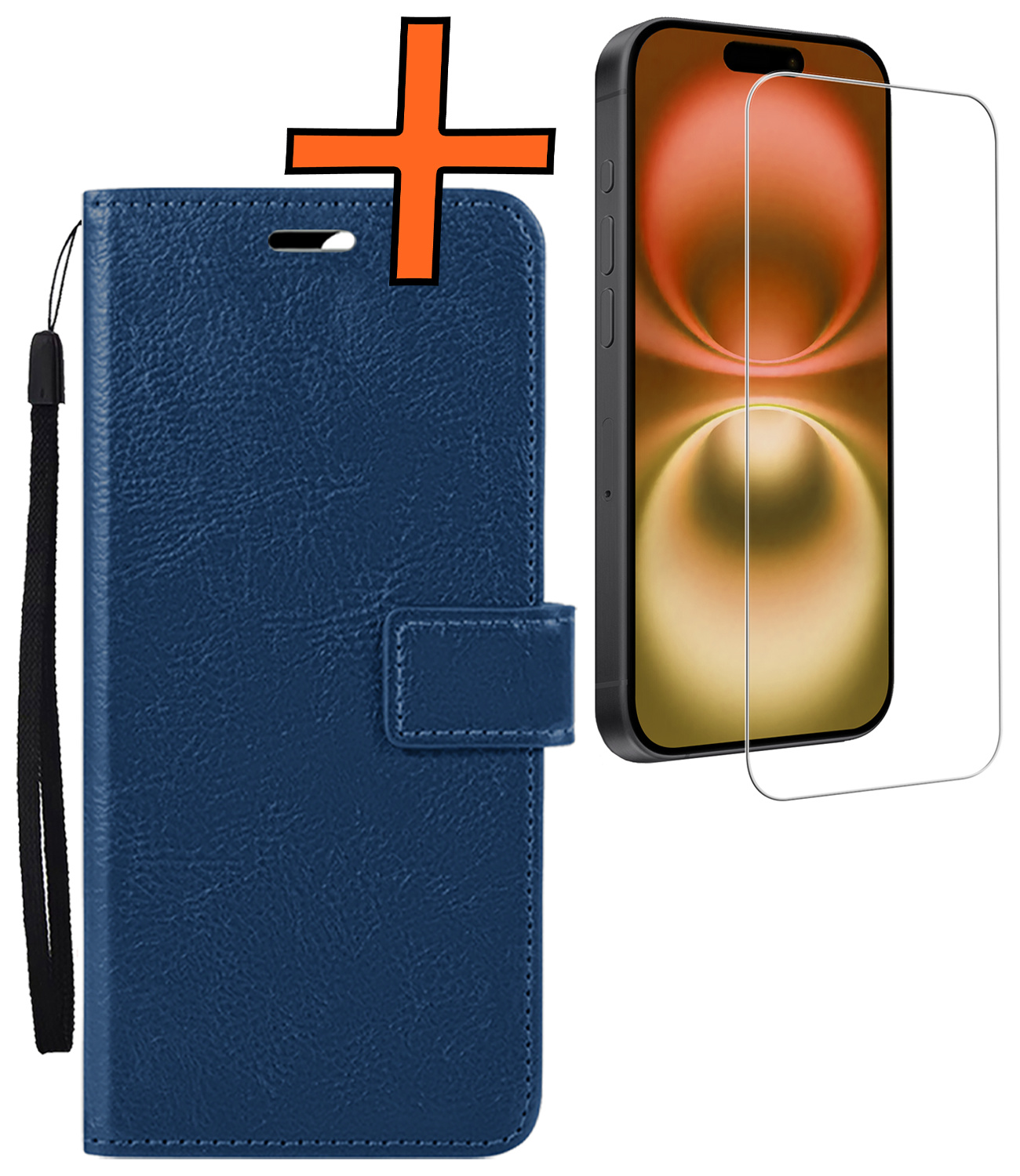 Nomfy Hoesje Geschikt voor iPhone 16 Hoes Bookcase Flipcase Book Cover Met Screenprotector - Hoes Geschikt voor iPhone 16 Hoesje Book Case - Donkerblauw