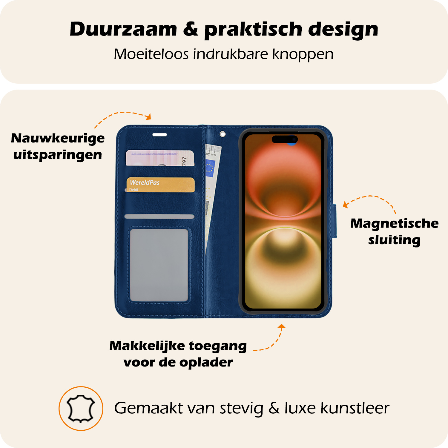 Nomfy Hoesje Geschikt voor iPhone 16 Hoes Bookcase Flipcase Book Cover Met Screenprotector - Hoes Geschikt voor iPhone 16 Hoesje Book Case - Donkerblauw
