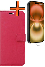 Nomfy Hoesje Geschikt voor iPhone 16 Hoes Bookcase Flipcase Book Cover Met Screenprotector - Hoes Geschikt voor iPhone 16 Hoesje Book Case - Donkerroze