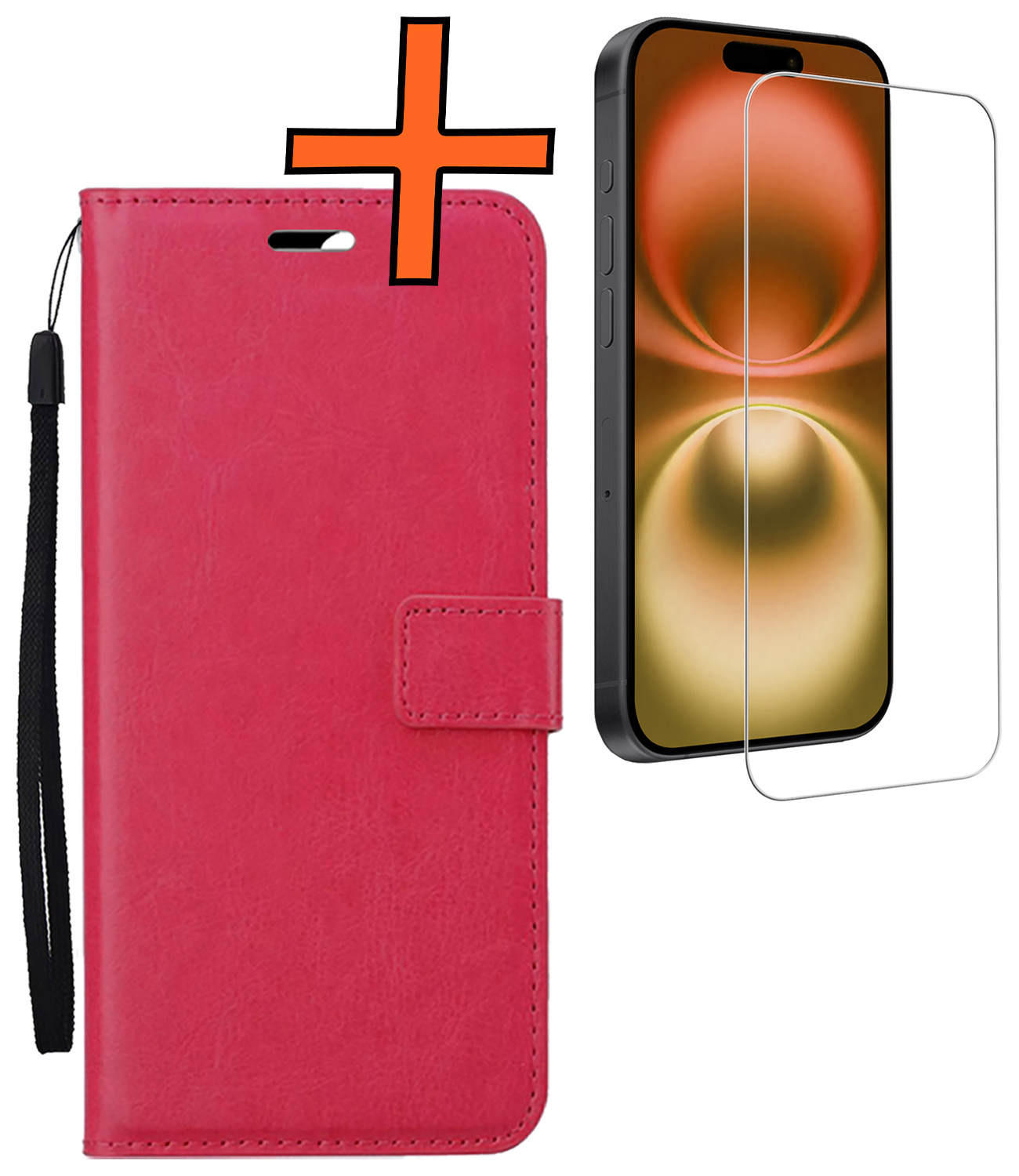 Nomfy Hoesje Geschikt voor iPhone 16 Hoes Bookcase Flipcase Book Cover Met Screenprotector - Hoes Geschikt voor iPhone 16 Hoesje Book Case - Donkerroze