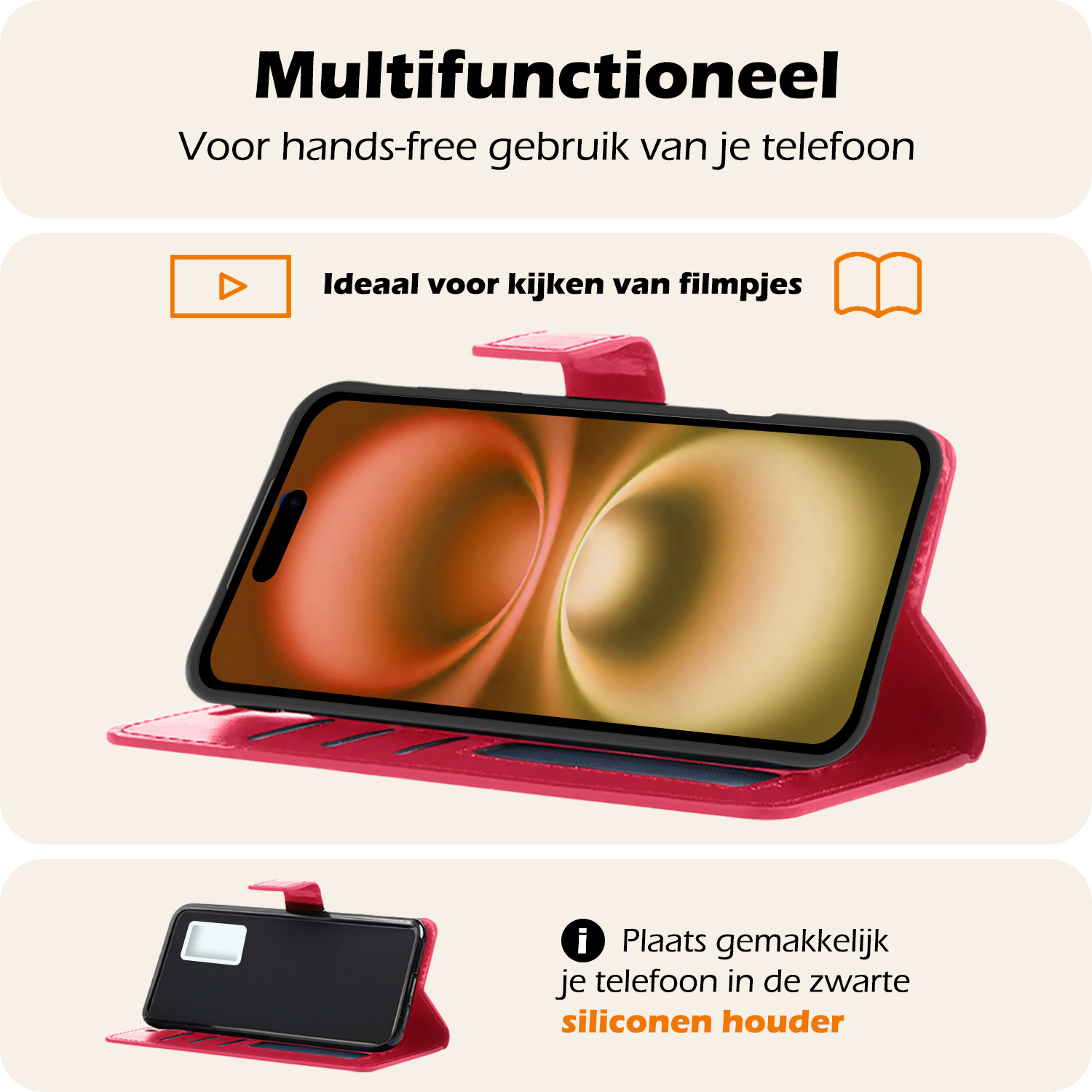 Nomfy Hoesje Geschikt voor iPhone 16 Hoes Bookcase Flipcase Book Cover Met Screenprotector - Hoes Geschikt voor iPhone 16 Hoesje Book Case - Donkerroze