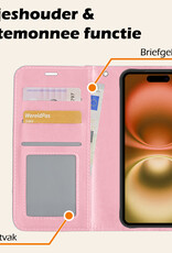 Nomfy Hoesje Geschikt voor iPhone 16 Hoes Bookcase Flipcase Book Cover Met Screenprotector - Hoes Geschikt voor iPhone 16 Hoesje Book Case - Lichtroze