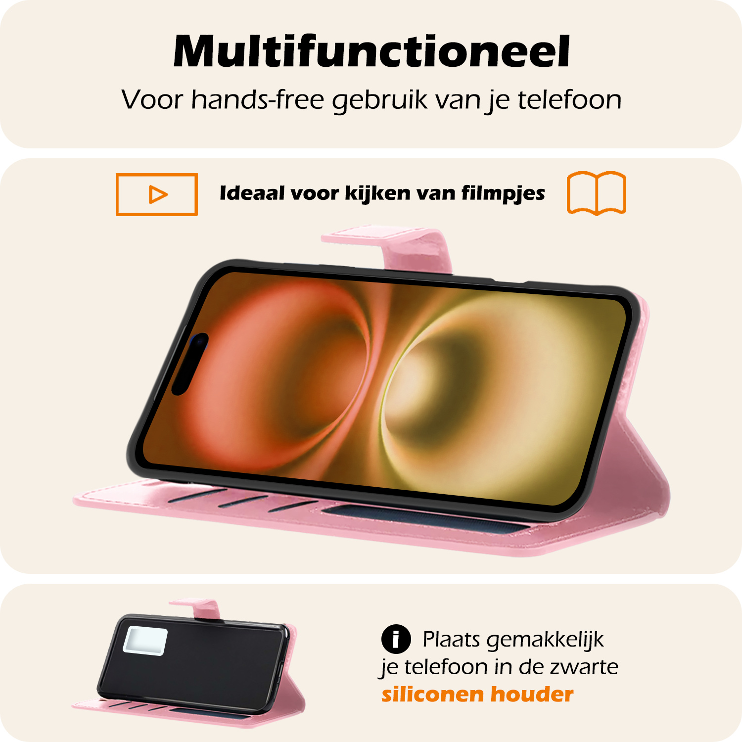 Nomfy Hoesje Geschikt voor iPhone 16 Hoes Bookcase Flipcase Book Cover Met Screenprotector - Hoes Geschikt voor iPhone 16 Hoesje Book Case - Lichtroze