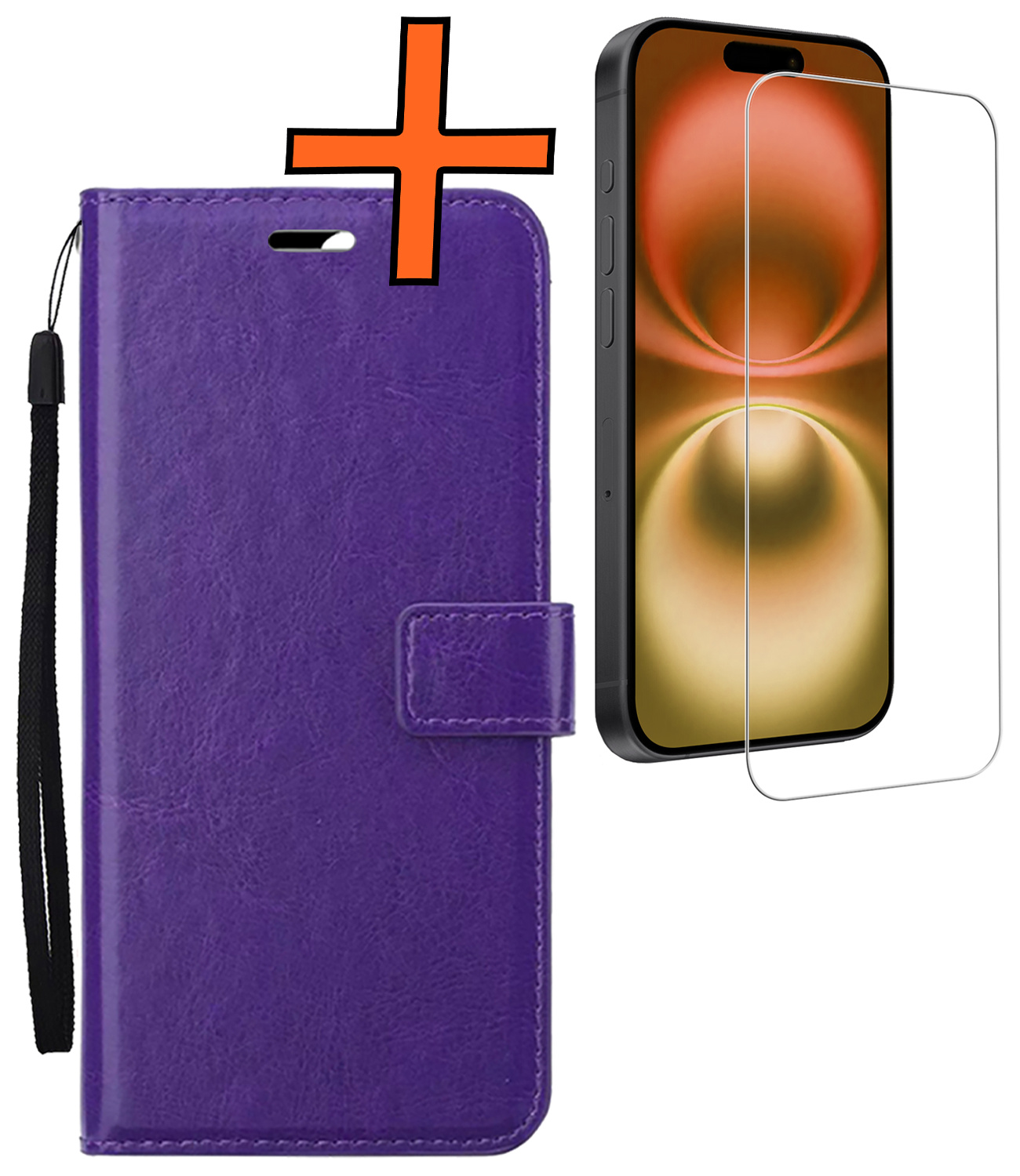 Nomfy Hoesje Geschikt voor iPhone 16 Hoes Bookcase Flipcase Book Cover Met Screenprotector - Hoes Geschikt voor iPhone 16 Hoesje Book Case - Paars