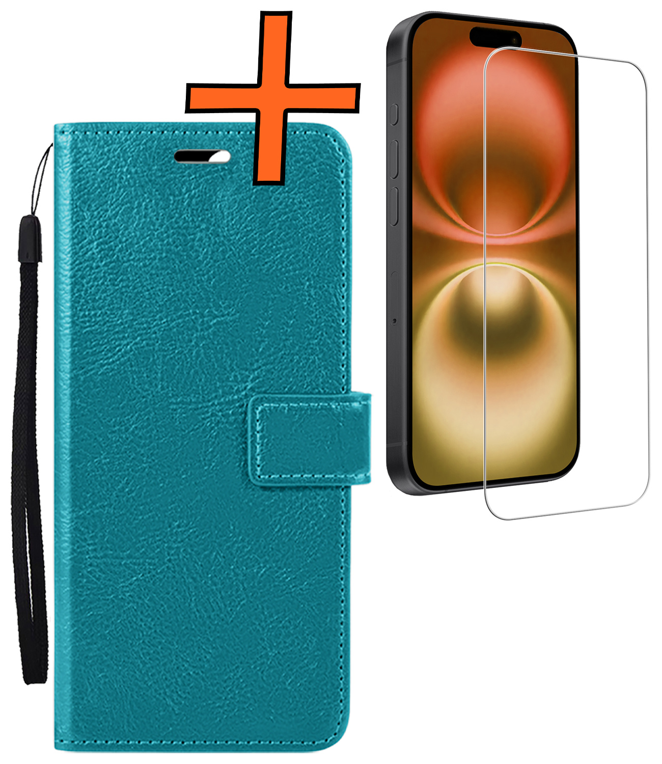 Nomfy Hoesje Geschikt voor iPhone 16 Hoes Bookcase Flipcase Book Cover Met Screenprotector - Hoes Geschikt voor iPhone 16 Hoesje Book Case - Turquoise