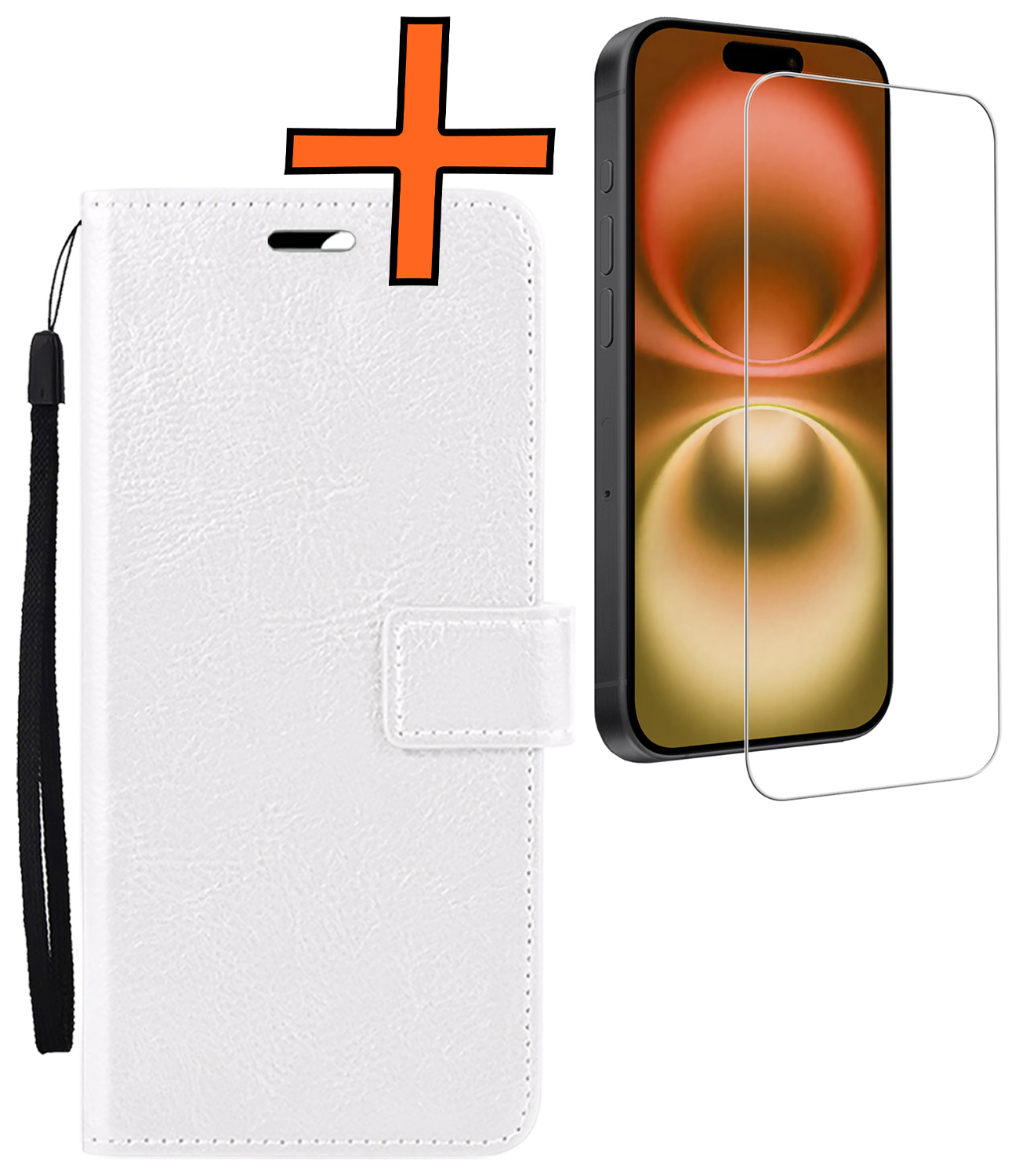 Nomfy Hoesje Geschikt voor iPhone 16 Hoes Bookcase Flipcase Book Cover Met Screenprotector - Hoes Geschikt voor iPhone 16 Hoesje Book Case - Wit