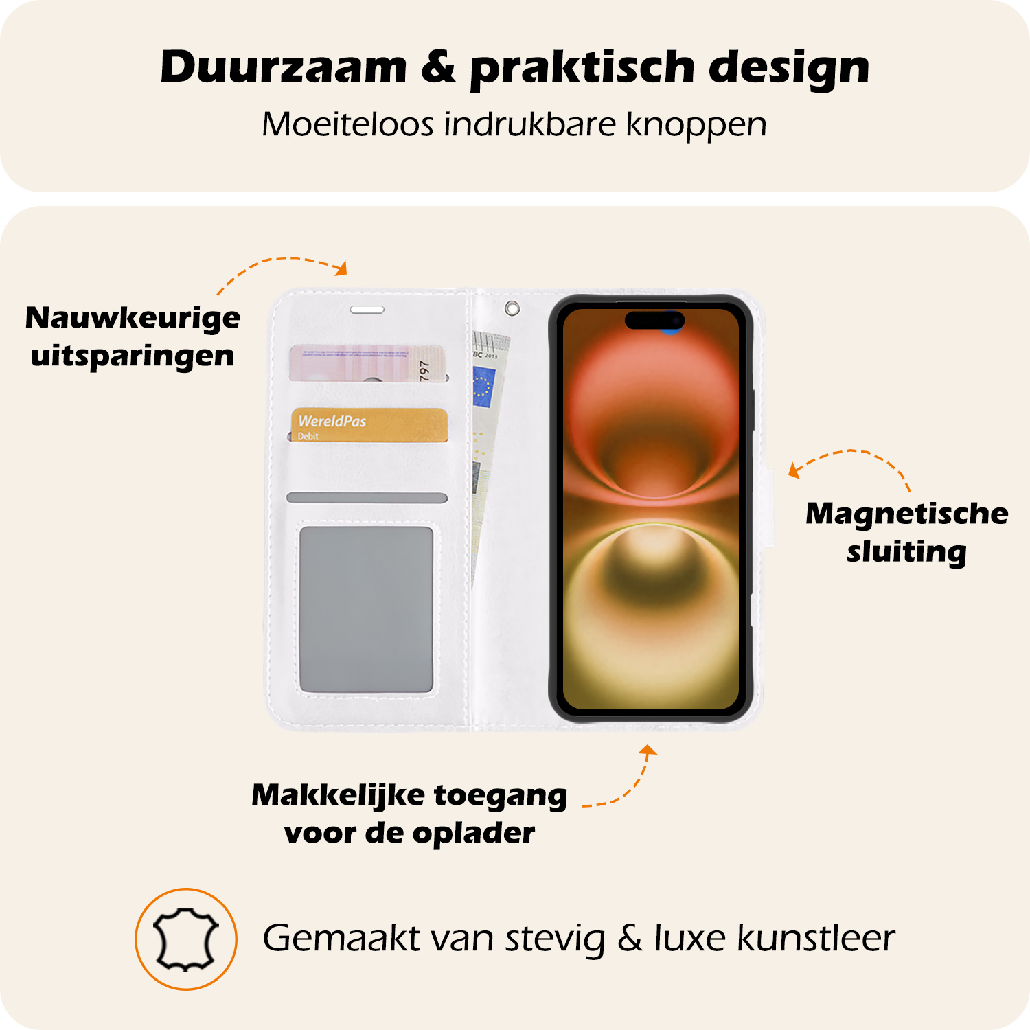 Nomfy Hoesje Geschikt voor iPhone 16 Hoes Bookcase Flipcase Book Cover Met Screenprotector - Hoes Geschikt voor iPhone 16 Hoesje Book Case - Wit