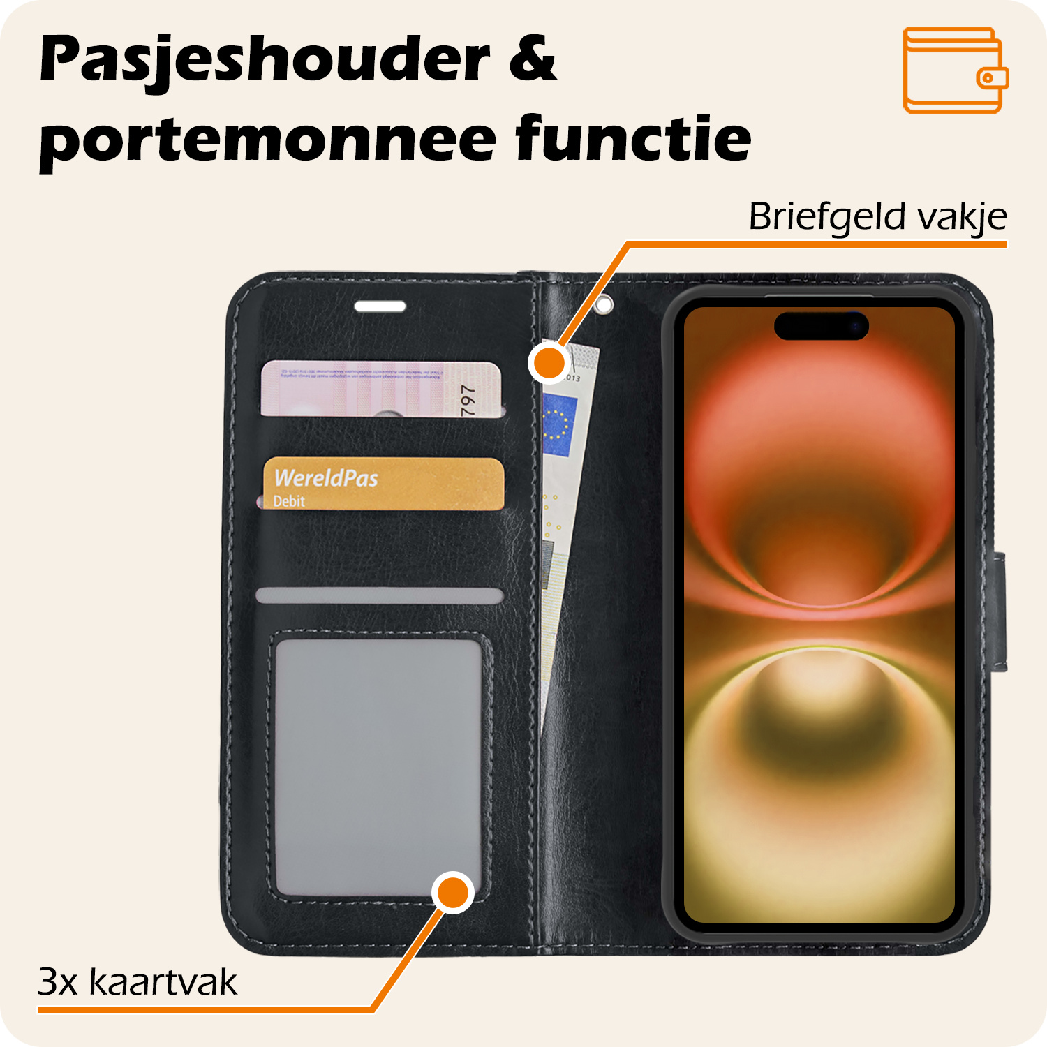 Nomfy Hoesje Geschikt voor iPhone 16 Hoes Bookcase Flipcase Book Cover Met Screenprotector - Hoes Geschikt voor iPhone 16 Hoesje Book Case - Zwart